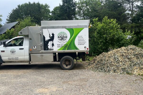 Camion d'élagage ArboAxe avec tas de copeaux.