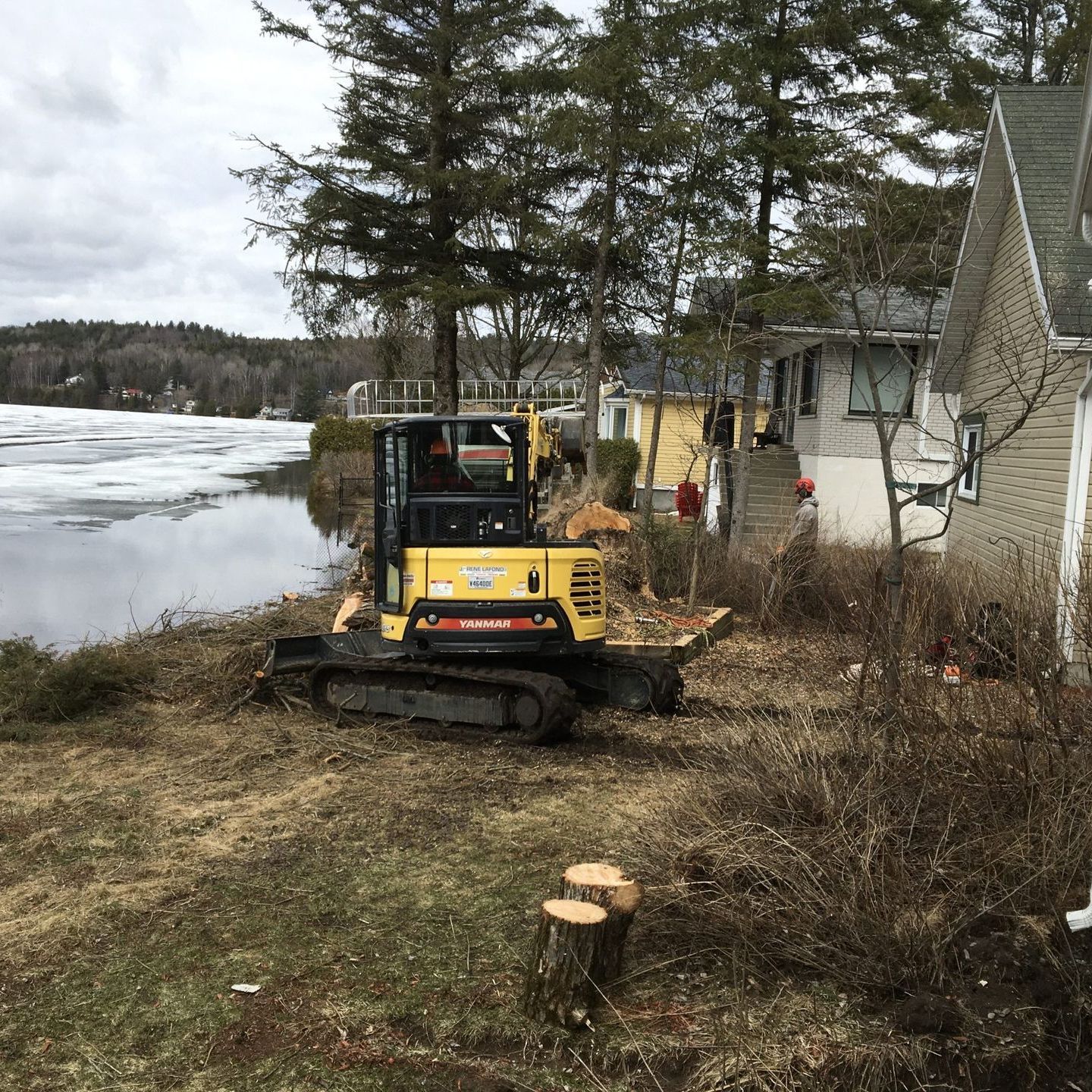 Excavatrice coupant des arbres près d'une maison au bord.